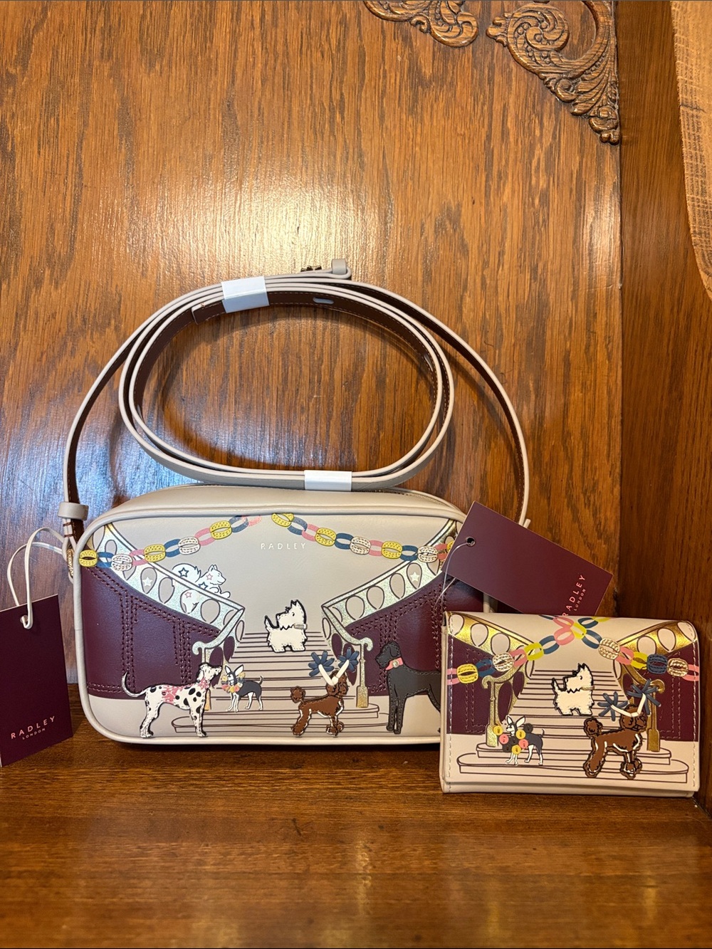 NWT-Radley London-SET🐩Party🐕‍🦺Pals🐕Crossbody Bag & Flap-Over Wallet-Porcini-$436
